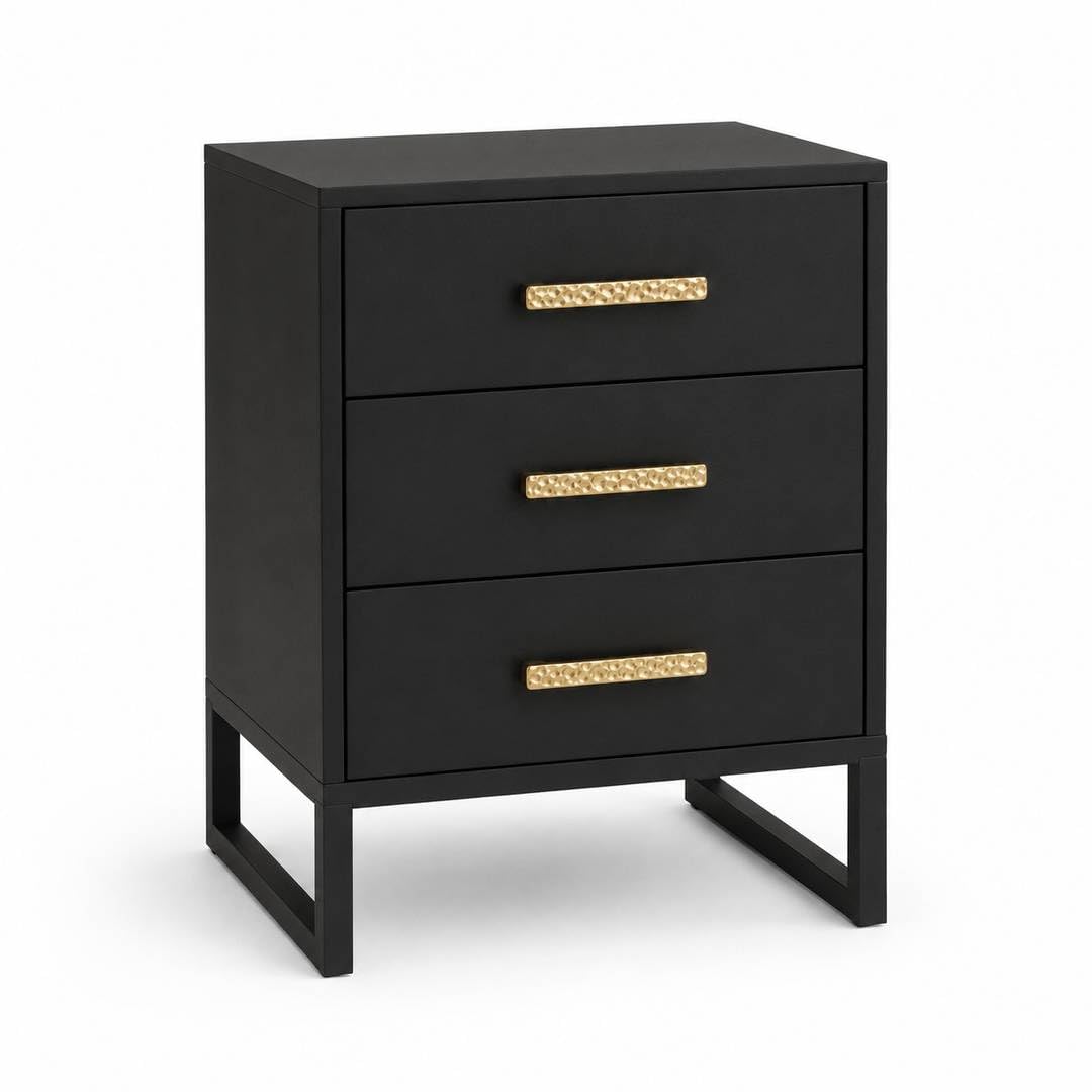 Black Wooden Bedside Table 3 Drawers Gold Handles Home Bedroom Nightstand