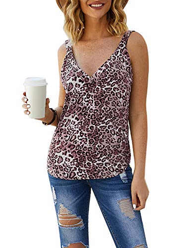 Andoer Camiseta feminina de leopardo com estampa profunda de decote em V manga aberta nas costas, ca