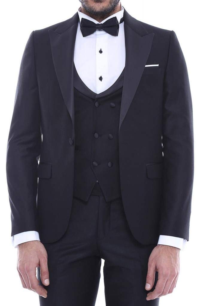Costume de mariage noir 3 pièces smoking avec revers satin - 8