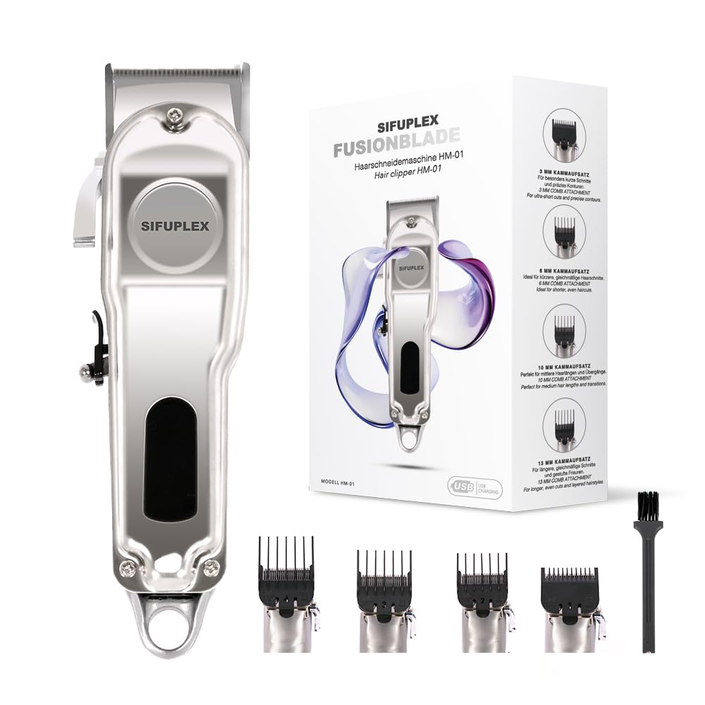 Fusionblade Profi Haarschneidemaschine Herren | Kabelloser Haartrimmer, Edelstahlklinge, LED-Display, 3 Std Akku, 4 Aufsätzen, Haarschneider