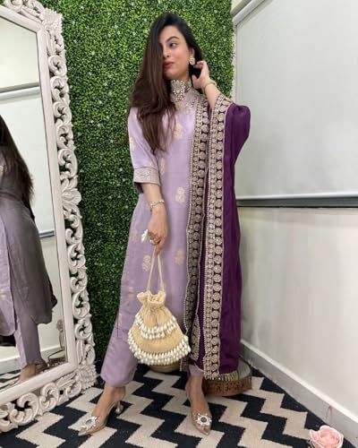 Image of GoSriKi Women's 3 Piece Kurta Pant Dupatta Set | Silk Cotton Kurta Sets for Woman | Kurti Set for Woman | Elegant Suit Set for Women Cotton | Women Kurta Sets with Dupatta Cotton