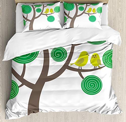 Ambesonne Bird Duvet Cover Set, Colorful Yellow Birds on Green and Brown Tree Cartoon Funny Romantic, Decorative 3 Piece Bedding Set with 2 Pillow Shams, Queen Size, Apple Green