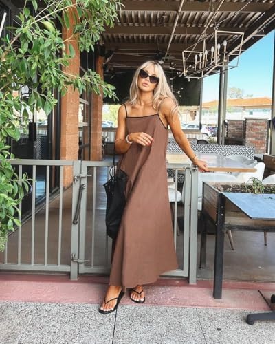 Image of Senllen Women's Linen Dress Summer Loose Flowy Sundress Contrast Spaghetti Strap Sleeveless Backless Beach Maxi Long Dresses