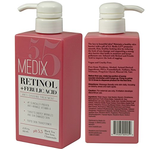Medix 5.5 Retinol Cream with Ferulic Acid Anti-Sagging Treatment. Targets Crepey Wrinkles and Sun Damaged Skin. Anti-Aging Cream Infused With Black Tea, Aloe Vera, And Chamomile (Two - 15oz)