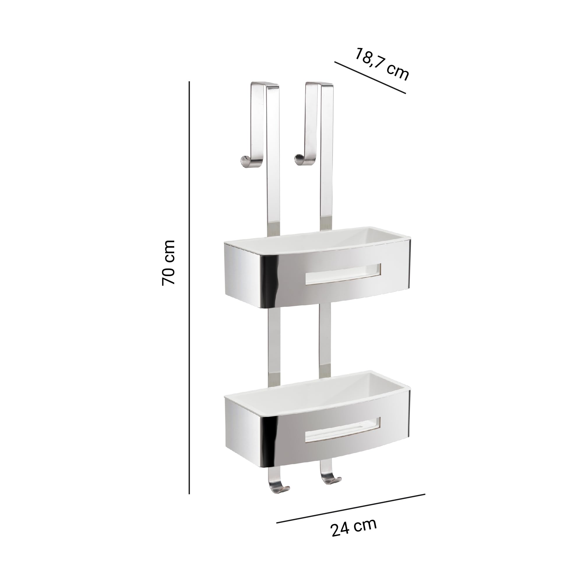 Gedy POSEIDON Cesta ducha para colgar, estante ducha, doble, Acero inox AISI 304 Cromo, cestas extraibles blancas, 24 x 18,7 x 70 cm