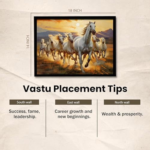 Image of 8 White Running Horses Vastu Framed Wall Art Painting for Living Room| Symbol of Success, Eight Horse Painting With Frame For Home & Office, 14x18 Inch