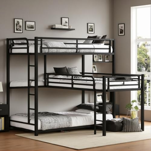 Uocfyk L-Shaped Triple Bunk Bed With Built-In Ladder For 3 Kids & Teens,Metal Triple Bunk Bed W/Safety Textilene Guardrals,Space Saving Design thumb #6
