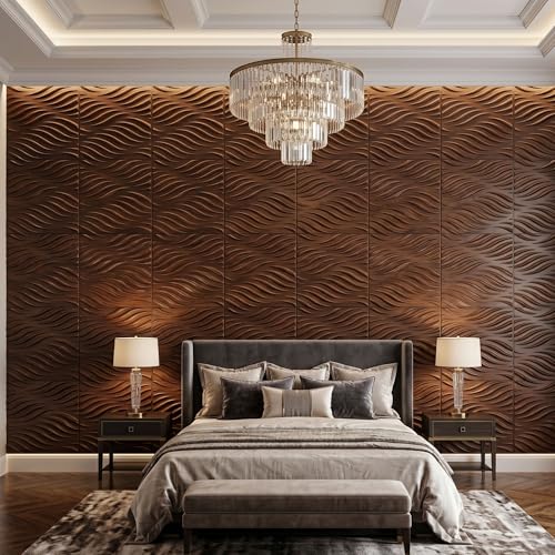 Image of Kayra Decor 3D Wall Panels Wave Design - Blackwood Color | 19.7 inch x 19.7 inch (Pack of 12) - Covers 32.28 Sq. Ft | Premium Home & Office Wall Decoration