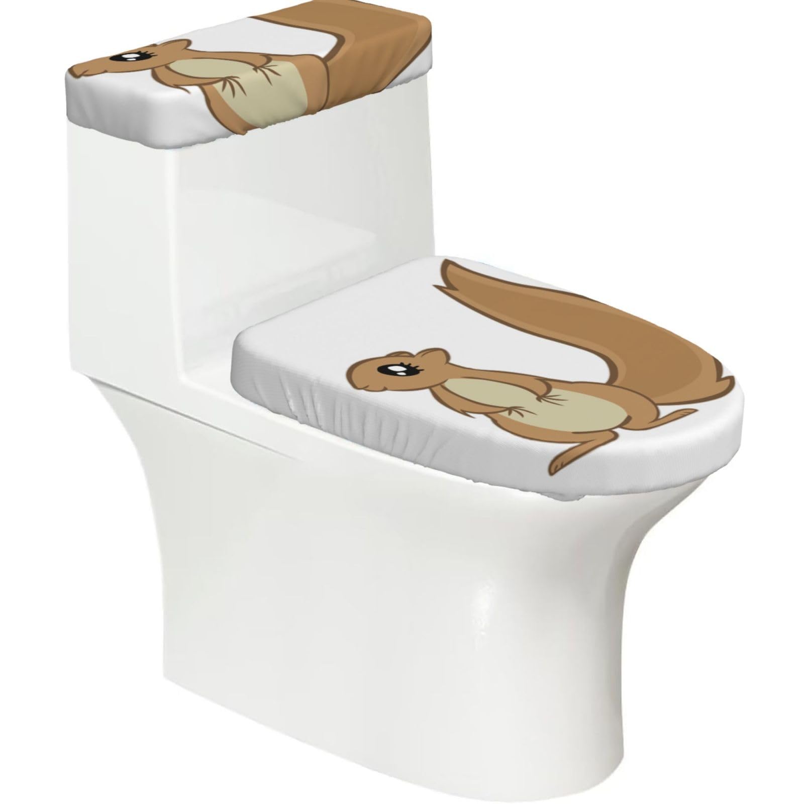 Cartoon Squirrel Print 2-Piece Stretch Toilet Cover Set, Elastic Breathable Toilet Seat and Tank Lid Protector