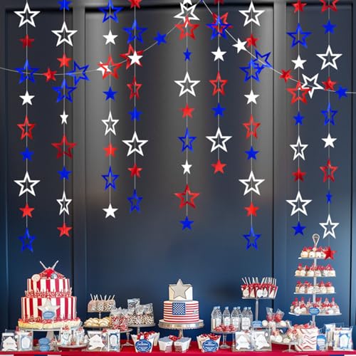 Image of Patriotic Star Streamers Banner Garland Glitter for 4th of July BBQ Memorial Day 250th Anniversary Party Glossy Independence Day Celebration Labor Day Decorations Red White Blue 1 Strand 157.5In