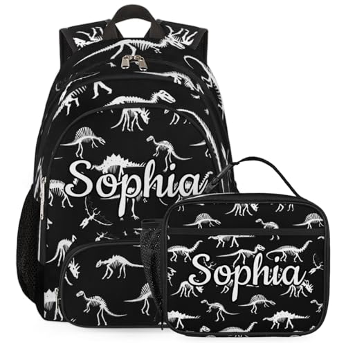 Custom Name Backpack with Lunch Box Set of 2 Personalized Dinosaur Skull Backpacks and Lunch Bag Shoulder Bag Daypack, Dinosaur Printed Customized Gifts
