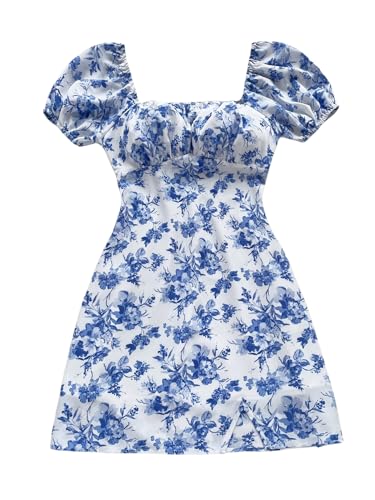 Floerns Women's Floral Puff Sleeve Square Neck A Line Dress Ruched Bust Boho Flared Mini Dresses