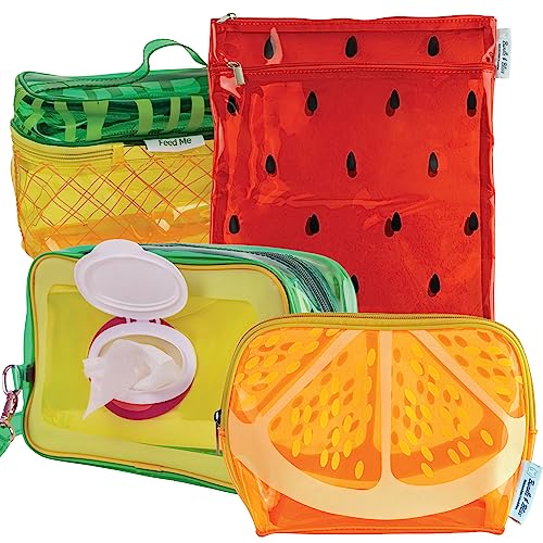 Image of Bundle & Bliss Fruit Diaper Bag Organizing Pouches. Cloth Diaper Bag Organizer Pouches with Zipper. 4pc Set Travel Pouch Bags Packing Cubes. Wet Bag, Diaper Clutch Baby Wipe Holder etc.