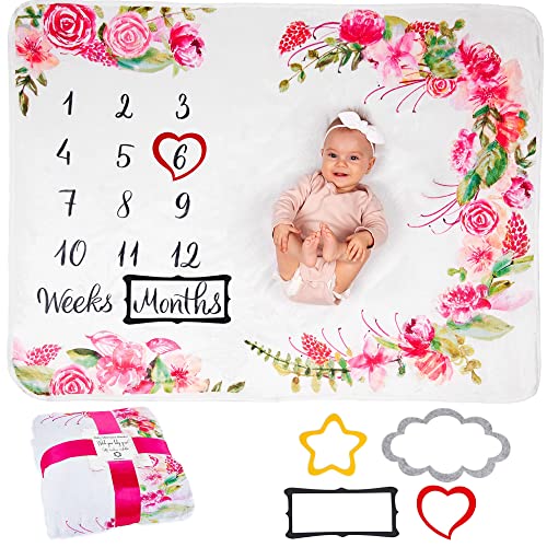 Baby Milestone Blanket | Monthly Photo Mat for Newborn Boy or Girl Unisex | Flowers & Leaves | Personalised Baby Shower Present for New Mums | Age Mat | Soft & Comfortable | Includes Coloured Frames