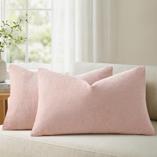 Image of a moment Pack of 2 Decorative Chenille Throw Pillow Covers with Twill Cushion Covers for Sofa Living Room Couch Bed 20x12 Inch Light Pink