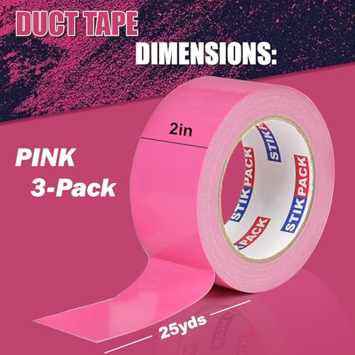 Image of 3 Rolls Pink Duct Tape, Heavy Duty Strong Industrial Colored Duct Tape 9mil x 2inch x 25yds Flexible, No Residue, Waterproof and Tear by Hand, Multi-Use for Indoor & Outdoor Repairs