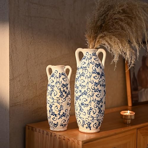 VICTOR & TERESA Blue and White Floor Vase for Pampas Grass, 11'' Tall Vase for Home Decor, Ceramic Farmhouse Decorative Large Vases for Flower, Mantel, Living Room, Shelf, Centerpieces, Gift for Mom - Image 6