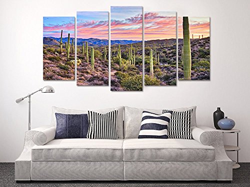 Welmeco 5 Pieces Wall Art Decoration Pictures Of Cactus Sunrise In Sonoran Desert, Arizona Landscape Canvas Prints Gallery Wrap Ready To Hang For Modern Home Office Wall Decor #TOP1