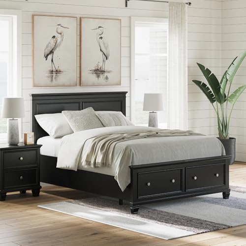Image of Signature Design by Ashley Queen Bed Frame with Storage, Black | Platform bed with extra-deep front drawers, Hardwood solids, birch veneer and MDF substrate construction, Lanolee Series