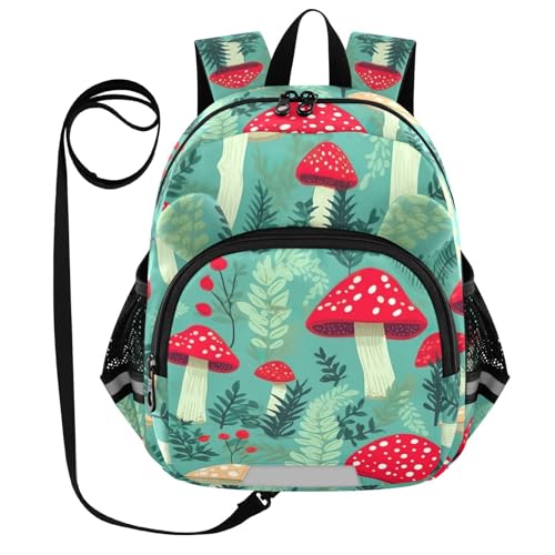Mushroom Cartoon Leaves Plants Toddler Harness Backpack for Boys Girls 3-6 Years Kids Backpack with Anti Lost Safety Leash Baby Travel Bag for Walking Preschool Travel