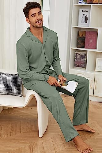 Andeip Men's Pajama Set Waffle Knit Lounge Pjs Set Long Sleeve Top and Pants Sleepwear 2 Piece Button Down Loungewear4