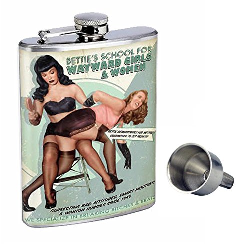 Perfection In Style 8oz Stainless Steel Whiskey Flask with Free Funnel D-047 Bettie's School For Wayward Girls & Women Retro Vintage