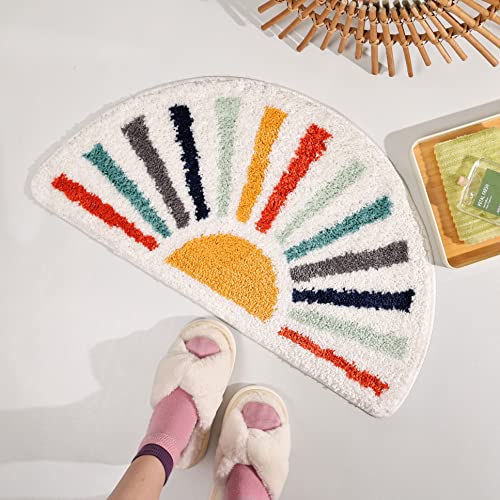 Truedays Colorful Boho Bath Mat Half Round Water Absorbent Non-Slip Bathroom Rugs, Machine Washable Soft Microfiber Sun Bath Rug For Bathroom, Shower, Room #TOP5