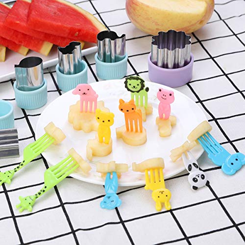 Vegetable Cutters Shapes Set, 20Pcs Stainless Steel Mini Cookie Cutters, Vegetable Cutter And Fruit Stamps Mold + 20Pcs Cute Cartoon Animals Food Picks And Forks -For Kids Baking And Food Supplement #TOP6