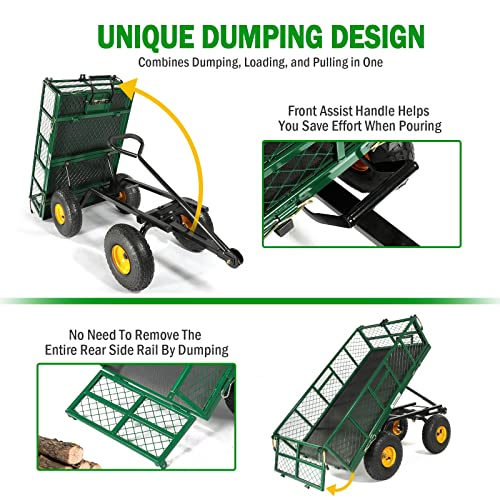 Yardsam Dump Garden Carts 800 Capacity, Heavy Duty Steel Dumping Garden Wagons With Removable Sides, Pullable Handles, 10In All-Terrain Wheels, Utility Liner, For Garden Lawn Yard Farm, Green #TOP1