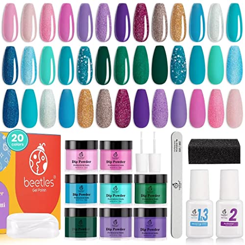 Beetles 20 Colors Mermaid Collection Nail Dip Powder with Dip Liquids Set Purple Green Glitter Dipping Powder Nail Art Set,No LED Nail Lamp Needed, Gift for Her