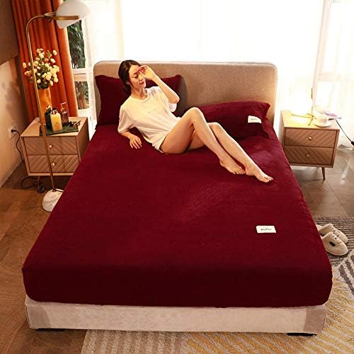 Ultra-Soft Fitted Bed Sheet, Breathable, Easy to Wash,Warm Crystal Velvet Fitted Sheets, Non-Slip Mat for Bedroom Apartment Hotel Mattress Protector-Red_180x200cm