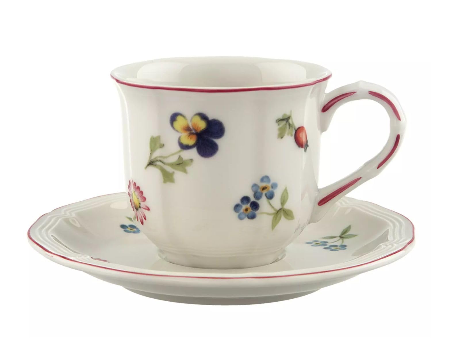 Villeroy & Boch Petite Fleur Kaffeetassen mit Untertassen, 12-teilig | für 6 Personen, 120 ml, Kaffeeset mit Blumendekor, Premium Porzellan, Weiß-Bunt