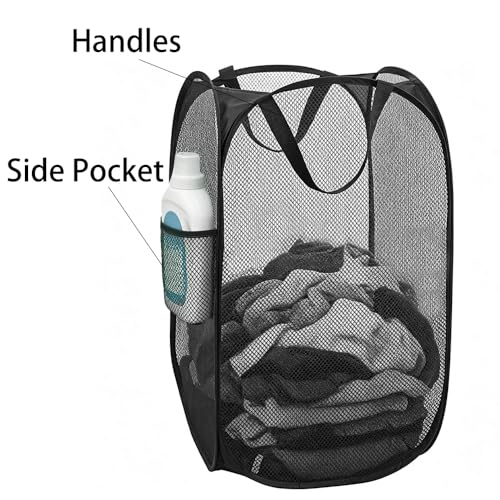 Image of Larpur Popup Mesh Laundry Basket, Collapsible and Portable Clothes Washing Laundry Hamper with Reinforced Carry Handle (Black 2pcs)