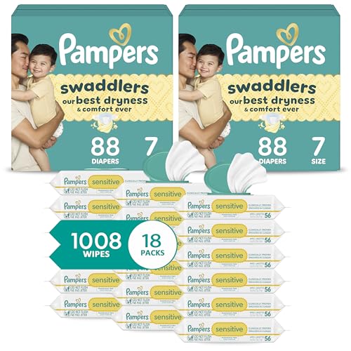 Image of Pampers Swaddlers Disposable Baby Diapers Size 7, 2 Month Supply (2 x 88 Count) with Sensitive Water Based Baby Wipes 12X Multi Pack Pop-Top and Refill (1008 Count) [Packaging May Vary]