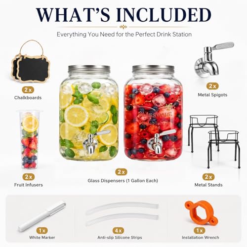 Image of 2 Pack1 Gallon Glass Drink Dispensers For Parties,Beverage Dispenser with Stand,304 Stainless Steel Spigot Leakproof,Lemonade Dispenser for Sun Tea, Homemade Juice