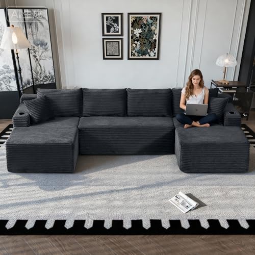 Image of Oversized Cloud Boneless Couch with Chaise, Modern Modular Sofa with Deep Seat, Corduroy Upholstered U Shaped Couch for Living Room, No Assembly Required (Grey)