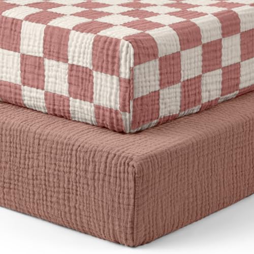 Image of Blissful Diary Muslin Crib Sheets for Girl Boy, Boho Neutral Soft Cotton Baby Sheet for 52''x28'' Standard Crib Mattress, 2 Pack(Dusty Pink Checkboard & Dusty Pink)