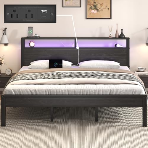 Image of E-Motie King Size Bed Frame with LED Lights, Industrial Platform Bed with Storage Headboard and Charging Station, Heavy Duty Metal Slats, No Box Spring Need, Noise Free, Easy Assembly, Black