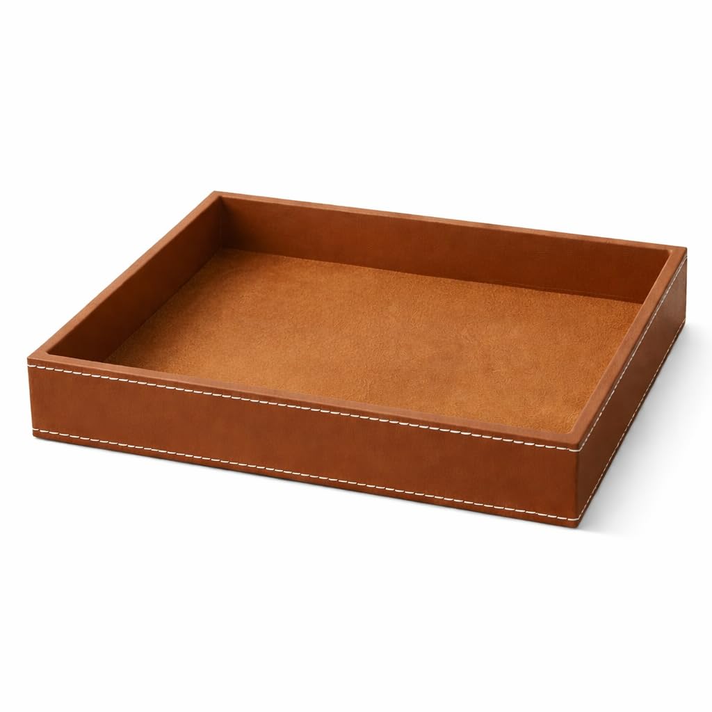 Leather Valet Tray, Tan, Desk Organizer with Stitching, 10x8x1.5 Inch