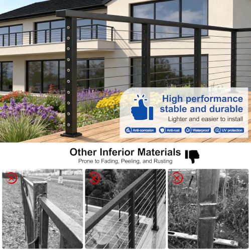 Image of BLIKA 8FT-17FT Complete Set 36 inch Cable Railing Post Kit | Black Level Drilled Deck Railing Posts, Swageless Cable Railing System Include 3Pack Level Posts,1 /8 inch 200FT Stainless Cable