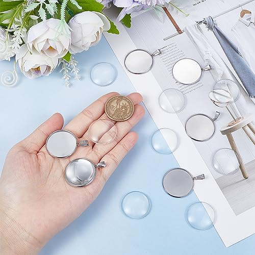 UNICRAFTALE 30 Sets Blank Dome Flat Round Pendant Tray 25mm Stainless Steel Cabochon Charms with Pinch Bails Blanks Bezel Pendant Trays with Glass Cabochon for DIY Necklace Jewelry Making - Image 4