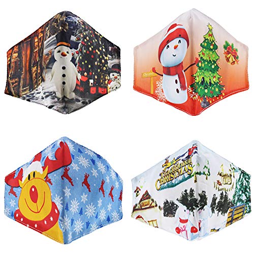 Zac's Alter Ego Set of 4 Non Medical Festive Christmas Reindeer, Rabbit & Snowman Design Breathable Cotton Face Masks/Covers