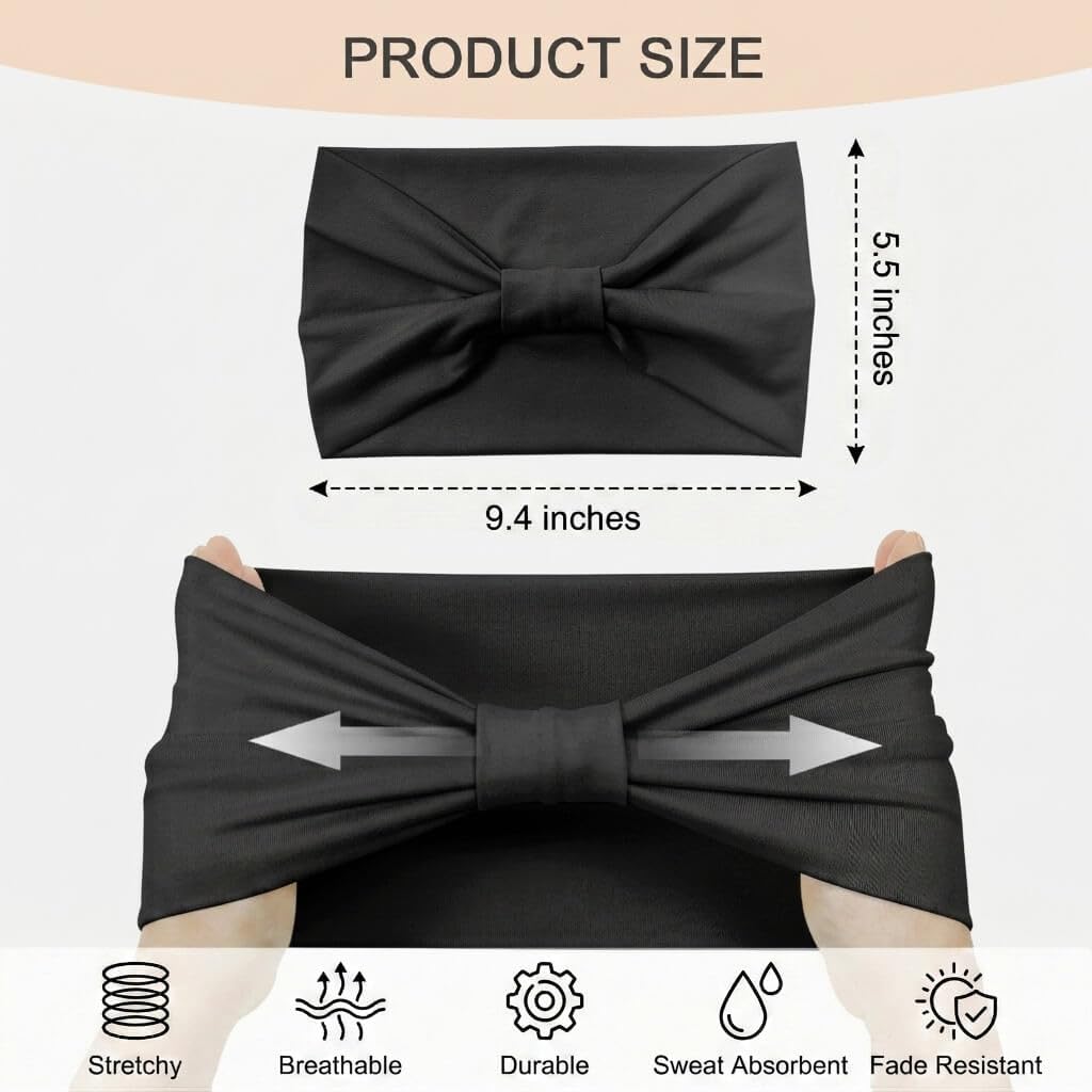 Wide Headbands for Women Non Slip 6 Pack - Fashion Stretch Elastic Head Band for Workout, Running, Yoga - Soft Knotted Hair Bands for Washing Face