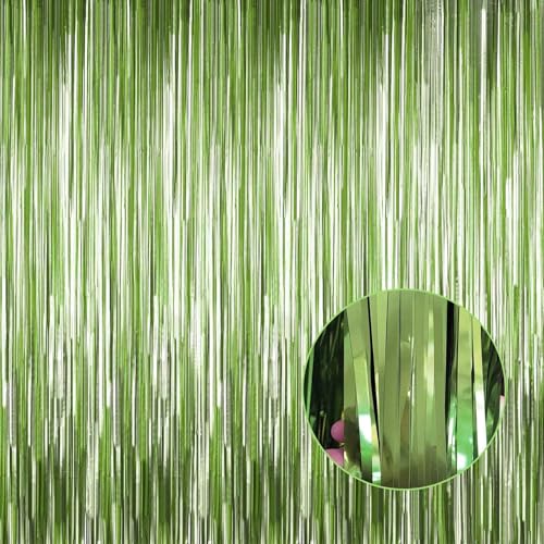 Image of 4 Pack Light Green Foil Fringe Curtain Backdrop, 3.28Ft x 8.2Ft Metallic Tinsel Foil Fringe Streamer Curtains for Photo Booth Props, Birthday, Wedding, Christmas Decorations Party Supplies New