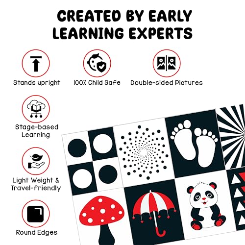 Image of High Contrast Flash Card Busy Book for Babies & Infants (2 Busy Books, Black & White + Red) | 16 Objects & Patterns | Tummy Time Toy for 0, 3, 6, 9, 12, 18 Months | Fun Learning for Newborn