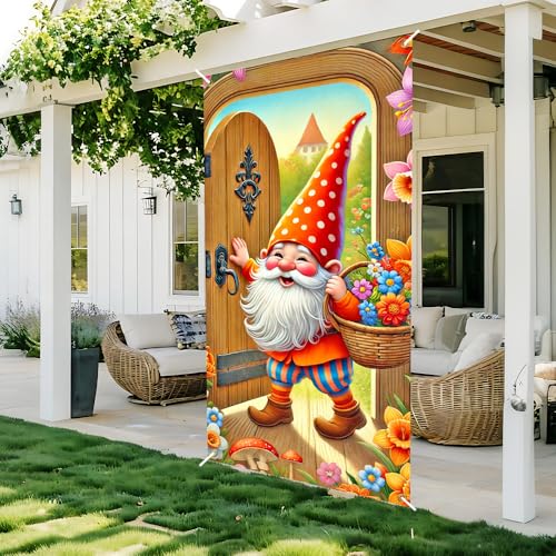 Image of Spring Gnome Door Cover 35x71in Flower Basket Mushroom