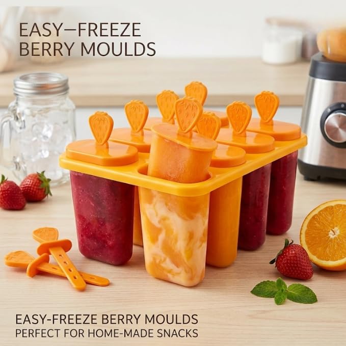 Image of BPA Free Ice Lolly and Kulfi Maker Set of 8 Reusable Popsicle Moulds Food Grade Plastic Ice Cream Popsicle Maker for Home Kitchen Multicolor (Orange)