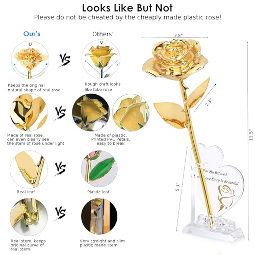 Image of Sinvitron Gold Dipped Rose Real 24K Gold Rose, Hand Dipped One of a Kind Golden Roses, Romantic Gifts for Women on Valentines Day, Anniversary Mother's Day (Gold)