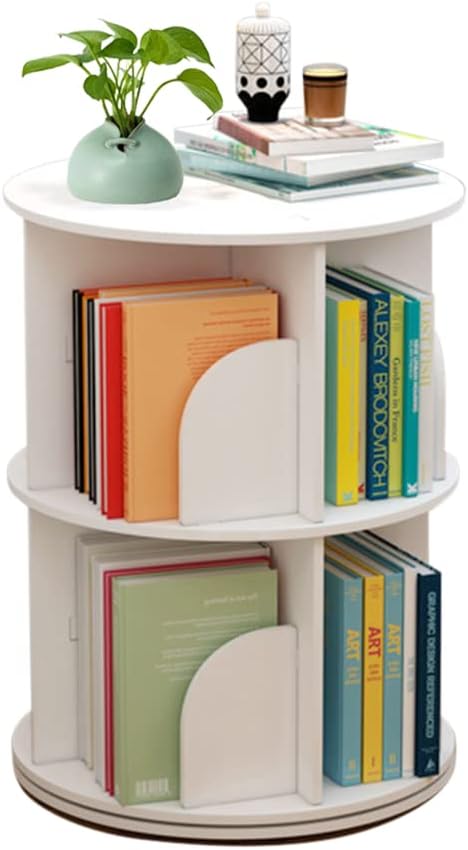 ZHFEISYWhite Bookcase 2 Tier Nordic Style Rotating Bookshelf Smooth Corners Display Bookcase for Living Room Bedroom Study Office