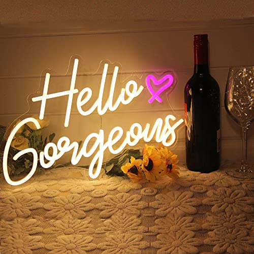 Image of DAKABUKA Hello Gorgeous Neon Sign Hello Beautiful Warm White LED Neon Lights for Home Wedding Birthday Backdrop Bacelorette Party Wth Dimmable Switch(5V,16.5X10.6inches)